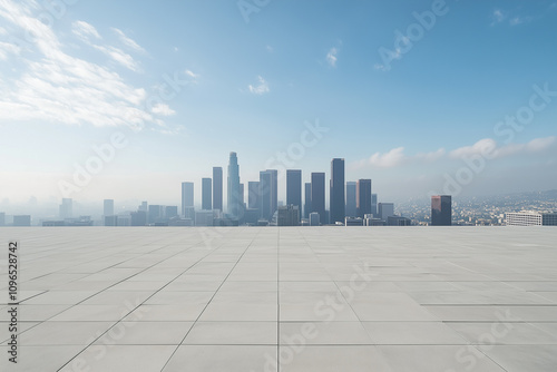 Empty Rooftop with City Skyline and Clear Blue Sky