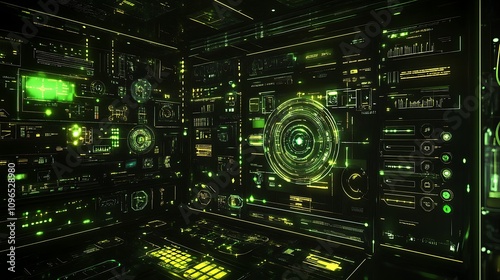 Futuristic Control Room with Glowing Green Interfaces