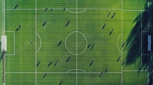 Aerial top drone view from above of green grass soccer field outdoor. Sport players engaged in active game. Professional football play setting. Teamwork and athleticism. Bets. photo