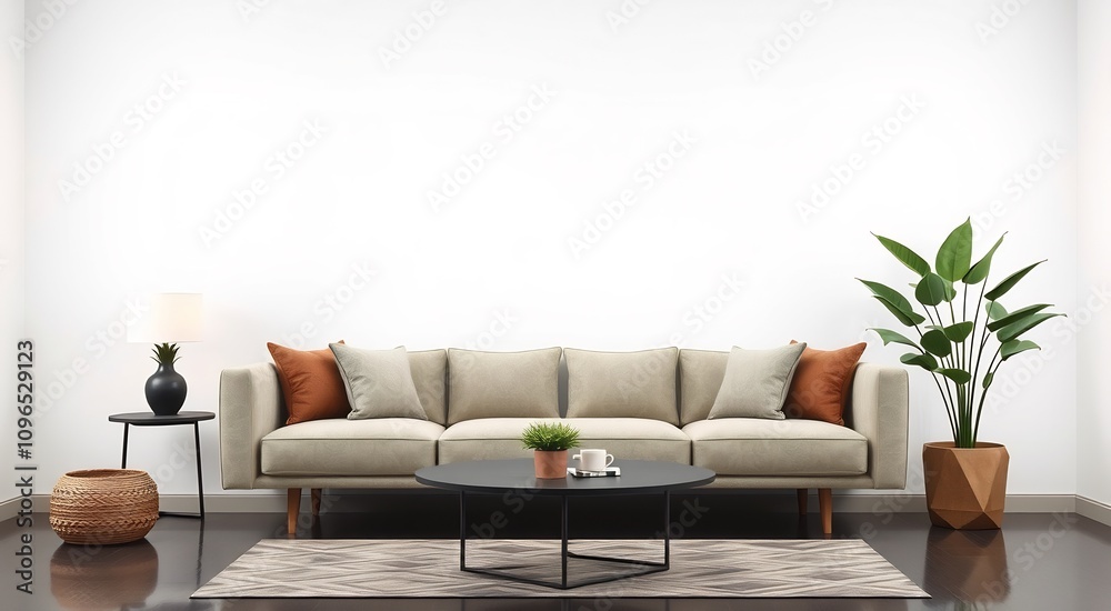 Modern living room with a beige sofa, coffee table, and potted plant. Modern living room with a beige sofa, coffee table, and potted plant.