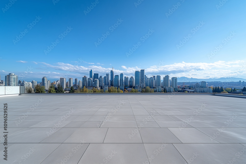Empty Rooftop with City Skyline and Clear Blue Sky Empty Rooftop with City Skyline and Clear Blue Sky