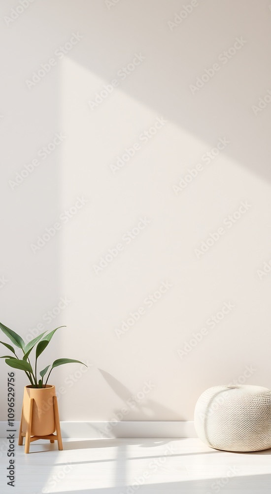 Minimalist interior design with potted plant and round pouf. Minimalist interior design with potted plant and round pouf.