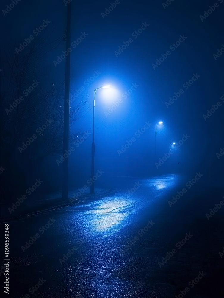 Mysterious Foggy Night Street Scene with Streetlights Mysterious Foggy Night Street Scene with Streetlights