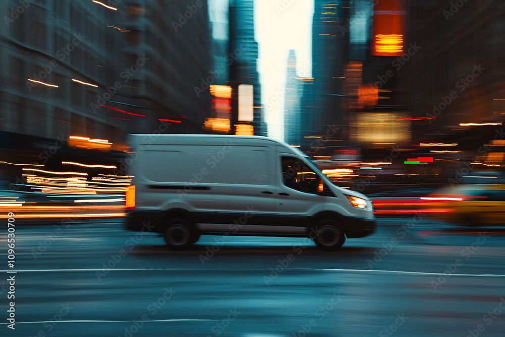 A white delivery van speeding through a brightly lit urban street with motion blur capturing city lights at dusk A white delivery van speeding through a brightly lit urban street with motion blur capturing city lights at dusk