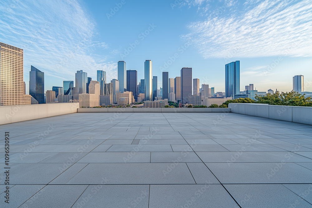 Empty Rooftop with City Skyline and Clear Blue Sky Empty Rooftop with City Skyline and Clear Blue Sky