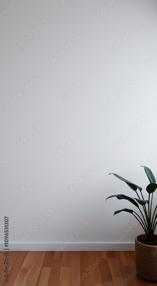 A large green plant in a wicker pot sits in the corner of a room with wood floors and white walls. A large green plant in a wicker pot sits in the corner of a room with wood floors and white walls.