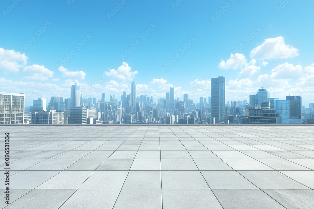 Empty Rooftop with City Skyline and Clear Blue Sky