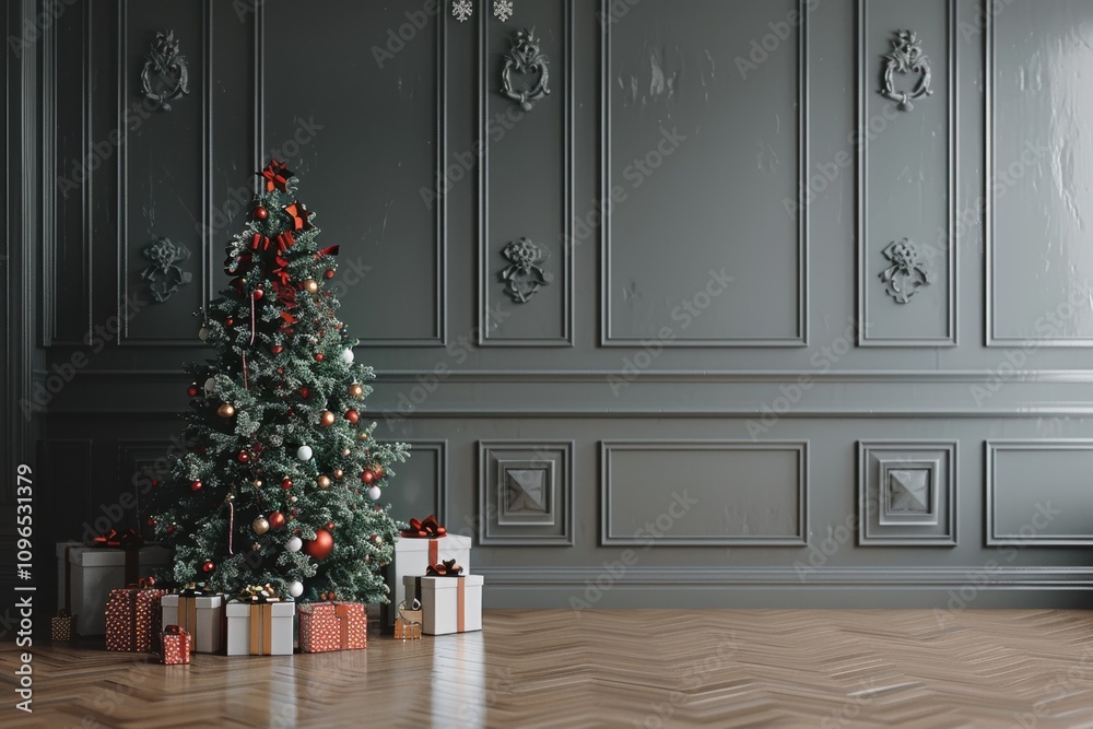 A cozy Christmas corner with a glowing tree, gifts, and warm fireplace