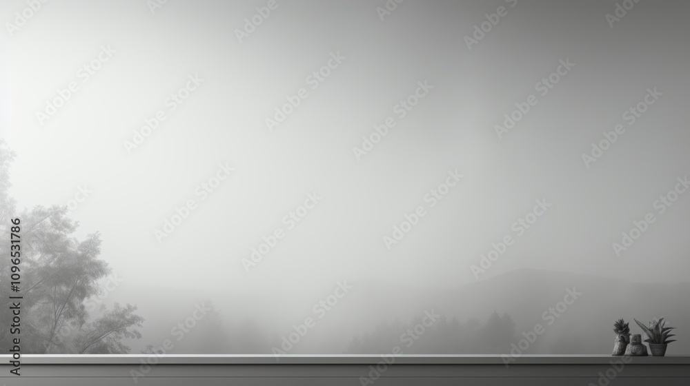 Misty Natural Scenery with Tree and Foreground Objects, Soft Gray Tones, Serene Atmosphere Misty Natural Scenery with Tree and Foreground Objects, Soft Gray Tones, Serene Atmosphere
