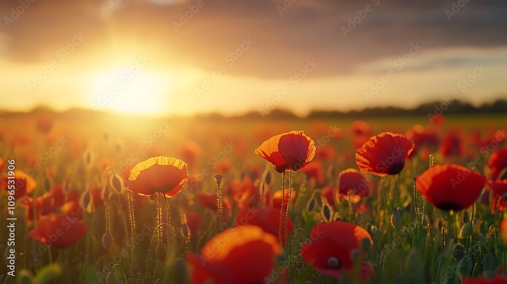 Fototapeta premium Vibrant red poppies glowing under the soft golden sunlight.