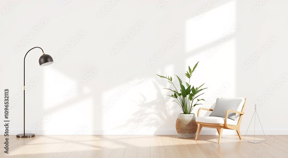 Minimalist living room with a white armchair, a potted plant, and a floor lamp. Minimalist living room with a white armchair, a potted plant, and a floor lamp.