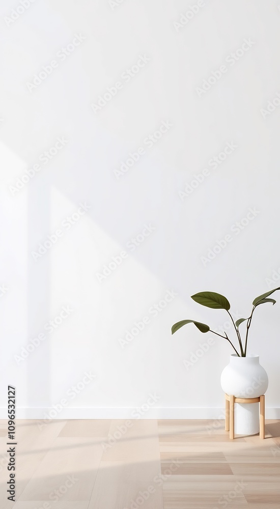 Minimalist Interior with Plant in White Pot on Wooden Stand. Minimalist Interior with Plant in White Pot on Wooden Stand.