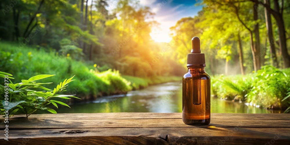 Amber Dropper Bottle Mockup in a Serene Natural Landscape Setting for Product Showcase and Branding Purposes Amber Dropper Bottle Mockup in a Serene Natural Landscape Setting for Product Showcase and Branding Purposes