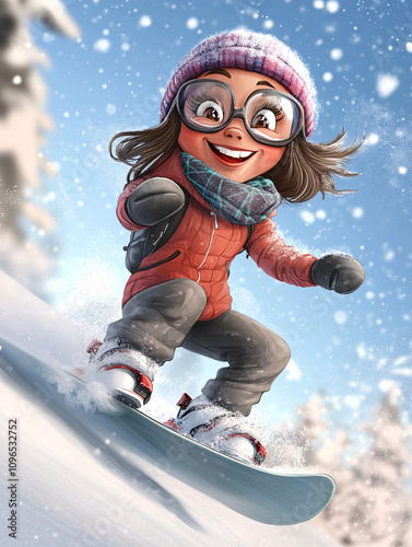 Dynamic Illustrations of Kids Snowboarding Down Snowy Slopes with Vibrant Winter Gear, Capturing Joy, Action, and the Thrill of Winter Sports photo