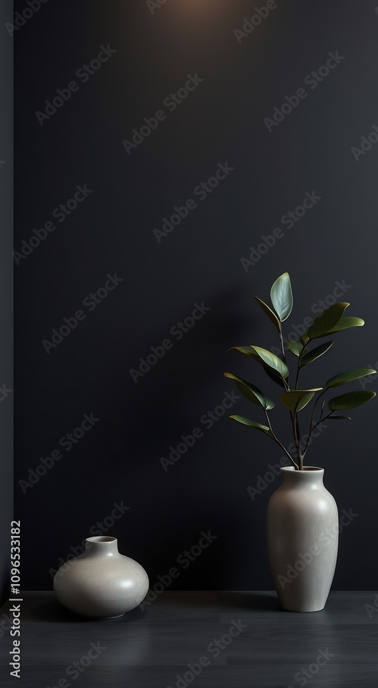Two grey vases with a plant on a dark background. Two grey vases with a plant on a dark background.