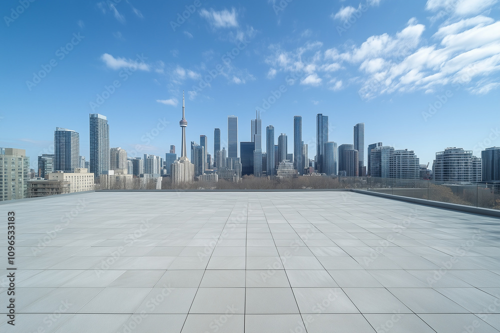 Empty Rooftop with City Skyline and Clear Blue Sky Empty Rooftop with City Skyline and Clear Blue Sky