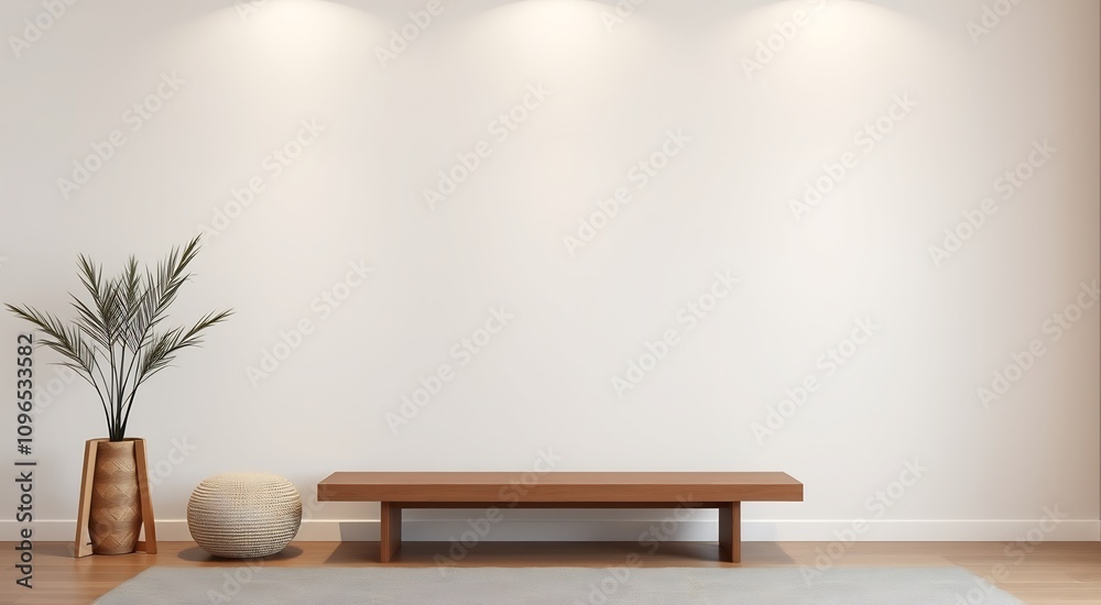 Minimalist interior design with a wooden bench, a plant, and a woven ottoman. Minimalist interior design with a wooden bench, a plant, and a woven ottoman.