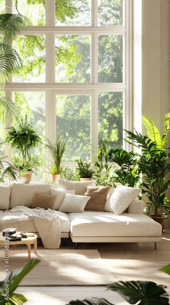 Fototapeta premium Interiors are filled with natural light, plants, and cozy furnishings for a tranquil living space. Indoor plants. AI generated image