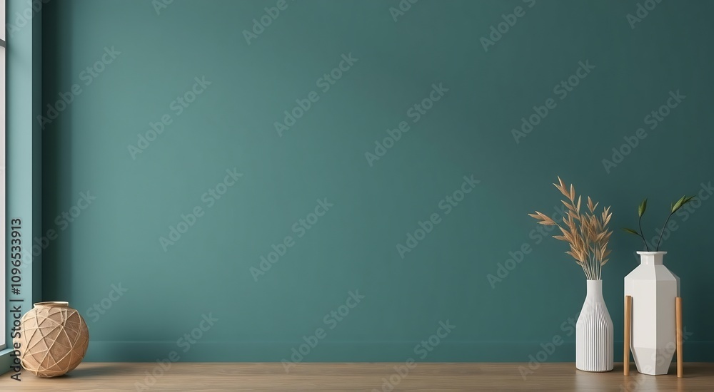 A teal wall with two vases and a wooden floor. A teal wall with two vases and a wooden floor.