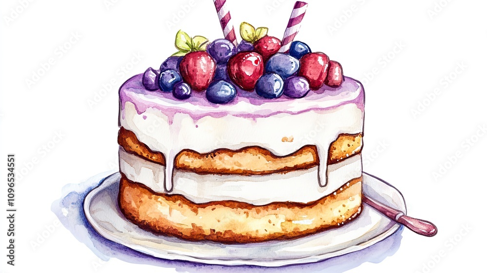 a festive cake illustration, celebration dessert element, watercolor art, pastel tones, isolated on white background a festive cake illustration, celebration dessert element, watercolor art, pastel tones, isolated on white background