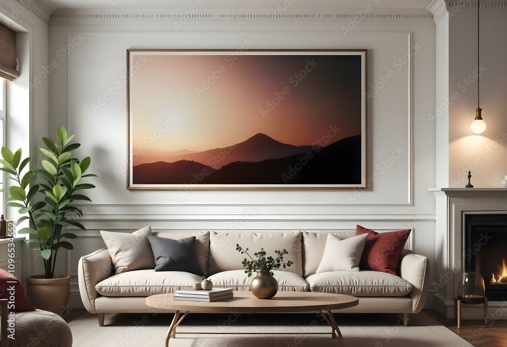 A serene landscape with a mountainous horizon at sunset is framed by a large wall hanging in a cozy living room setting with a plush beige sofa and colorful throw pillows. A serene landscape with a mountainous horizon at sunset is framed by a large wall hanging in a cozy living room setting with a plush beige sofa and colorful throw pillows.