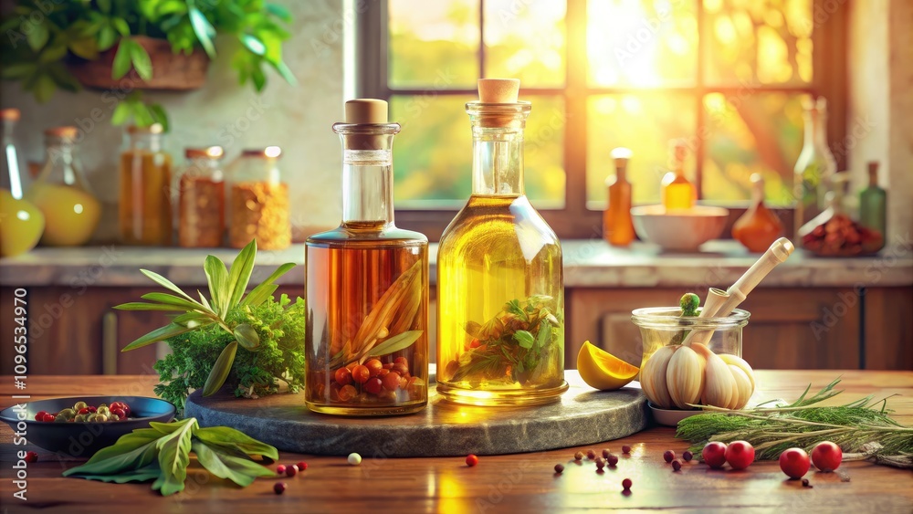 Double exposure captures palm cooking oil products in glass bottles on a kitchen table, surrounded by fresh ingredients and utensils, inspiring culinary creativity and exploration. Double exposure captures palm cooking oil products in glass bottles on a kitchen table, surrounded by fresh ingredients and utensils, inspiring culinary creativity and exploration.