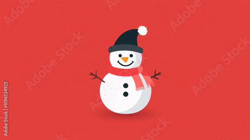 Minimalistic Illustrations of Cheerful Snowmen with Santa Hats and Scarves on a Red Background, Highlighting Festive Simplicity and Holiday Joy photo