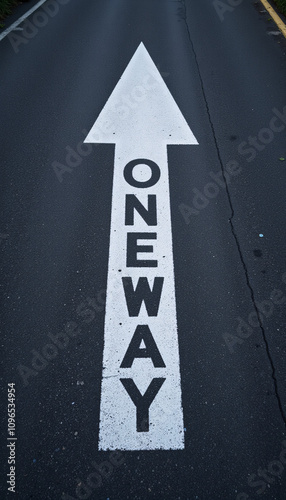 Bold White One-Way Street Arrow Symbol on Dark Urban Asphalt