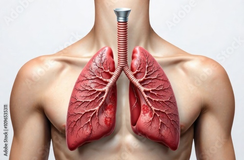 Abstract lungs with the red structure of the human bronchial tree. Anatomy of the lungs, left and right bronchi, bronchioles, trachea Medical concept. photo