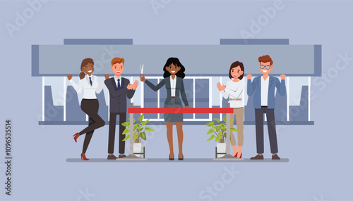 Businesswoman cutting a ribbon in front of a small office or storefront and celebrating the launch of their startup character vector illustration design. Business startup launch concept.