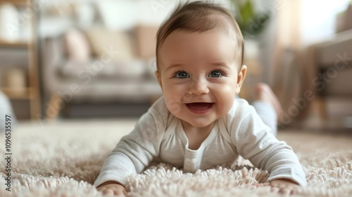 Smiling crawling baby girl at home on floor