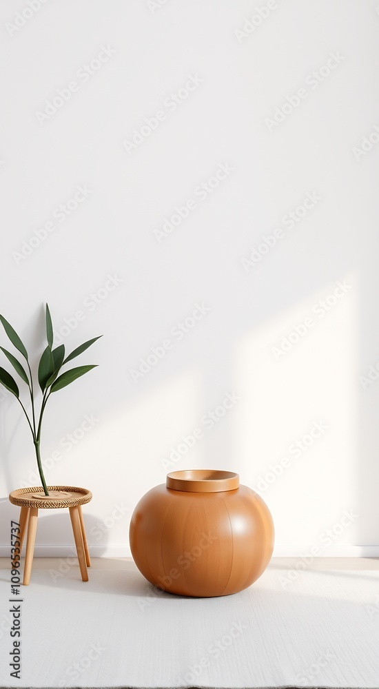 Wooden stool and round table on white rug in minimalist interior. Wooden stool and round table on white rug in minimalist interior.