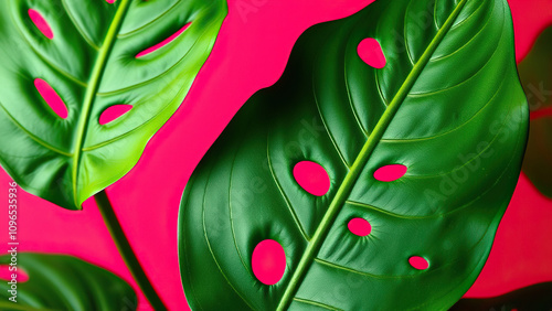 Close-up of Monstera epipremnum tropical leaves on coral pink background , epipremnum, coral, background, tropical, monstera photo