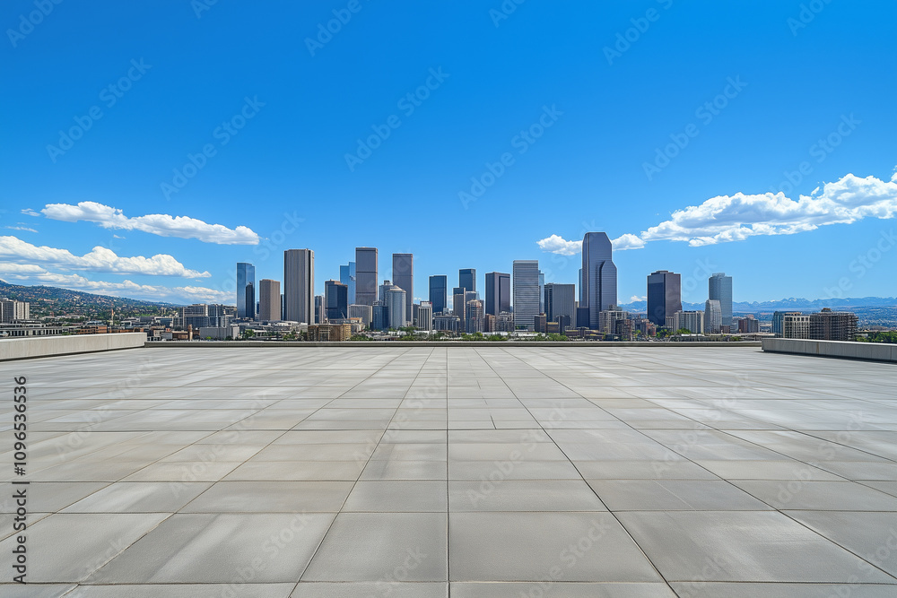 Obraz premium Empty Rooftop with City Skyline and Clear Blue Sky
