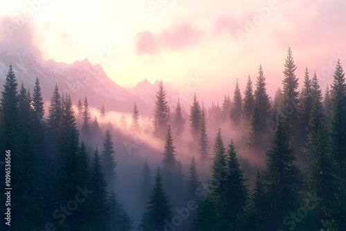 A serene landscape featuring tall evergreen trees rising through soft mist, illuminated by a warm, pastel sunset over the mountain range in the distance.