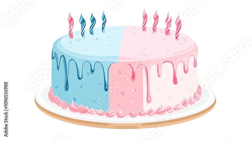 a gender reveal cake clipart, surprise celebration dessert, flat vector art, pink and blue theme, isolated on white background