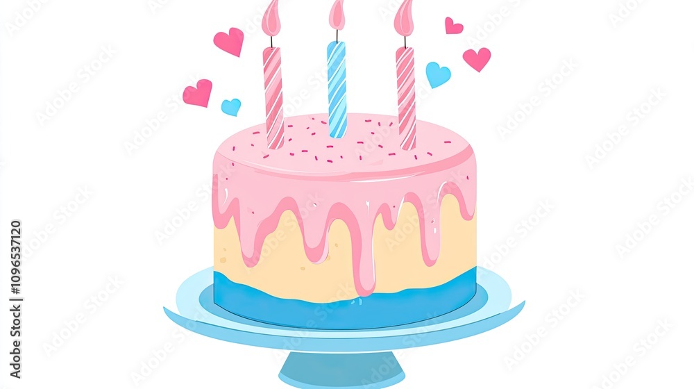 a gender reveal cake clipart, surprise celebration dessert, flat vector art, pink and blue theme, isolated on white background