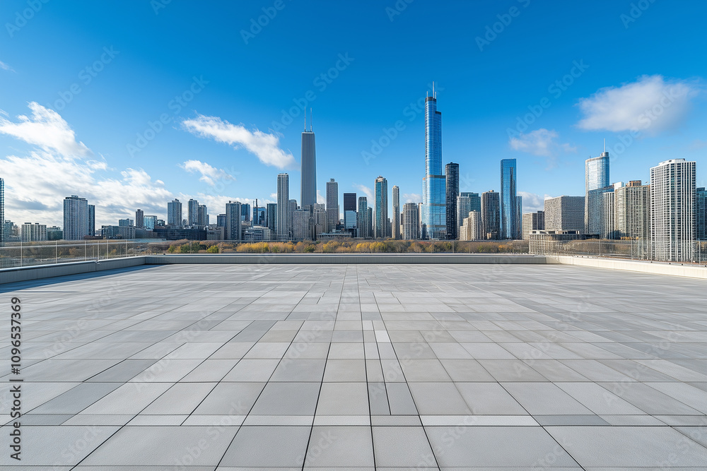Empty Rooftop with City Skyline and Clear Blue Sky Empty Rooftop with City Skyline and Clear Blue Sky
