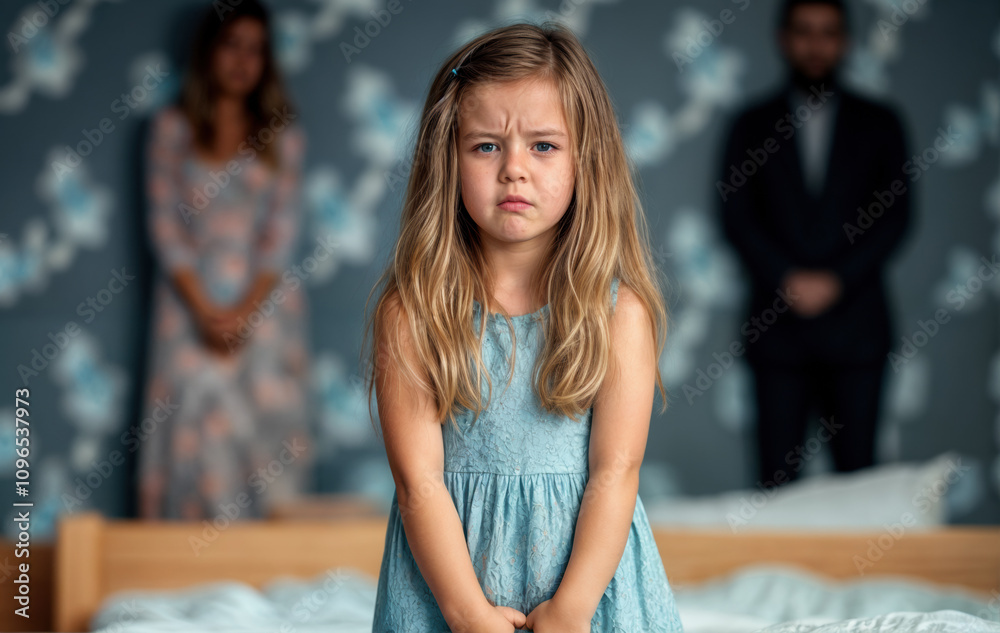 a young girl with a serious expression on her face. She is wearing a blue dress. a young girl with a serious expression on her face. She is wearing a blue dress.