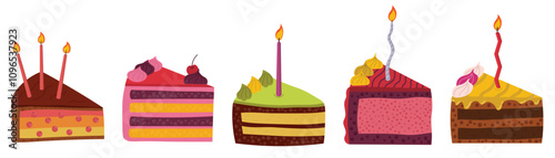 Birthday cake slices with candles. Sweet holiday bakery pieces collection. Pastry chocolate, cream, fruit, berry dessert.