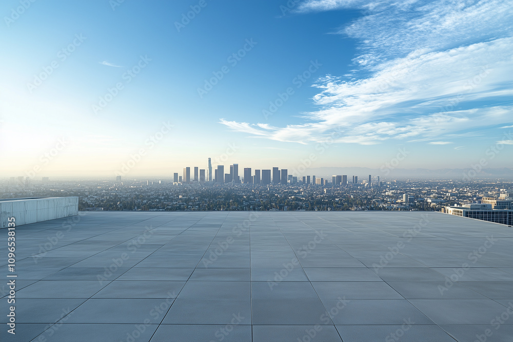 Empty Rooftop with City Skyline and Clear Blue Sky Empty Rooftop with City Skyline and Clear Blue Sky