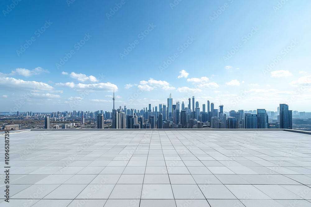 Empty Rooftop with City Skyline and Clear Blue Sky