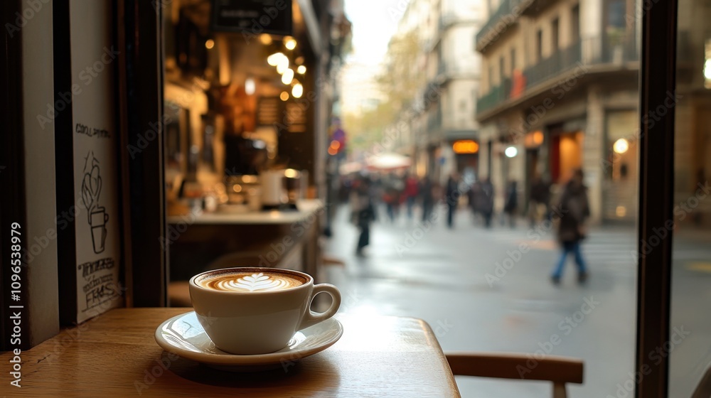 A cup of coffee with a beautiful latte art sits on a wooden table in a cafe, with a view of a bustling street outside the window
