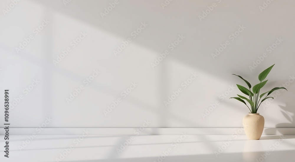 Minimalist interior with a plant in a vase against a white wall with shadows. Minimalist interior with a plant in a vase against a white wall with shadows.