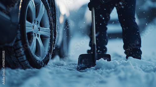 Close-Up Shots of Shoveling Snow Around Car Tires, Highlighting Winter Maintenance and the Challenges of Clearing Snow-Covered Roads photo