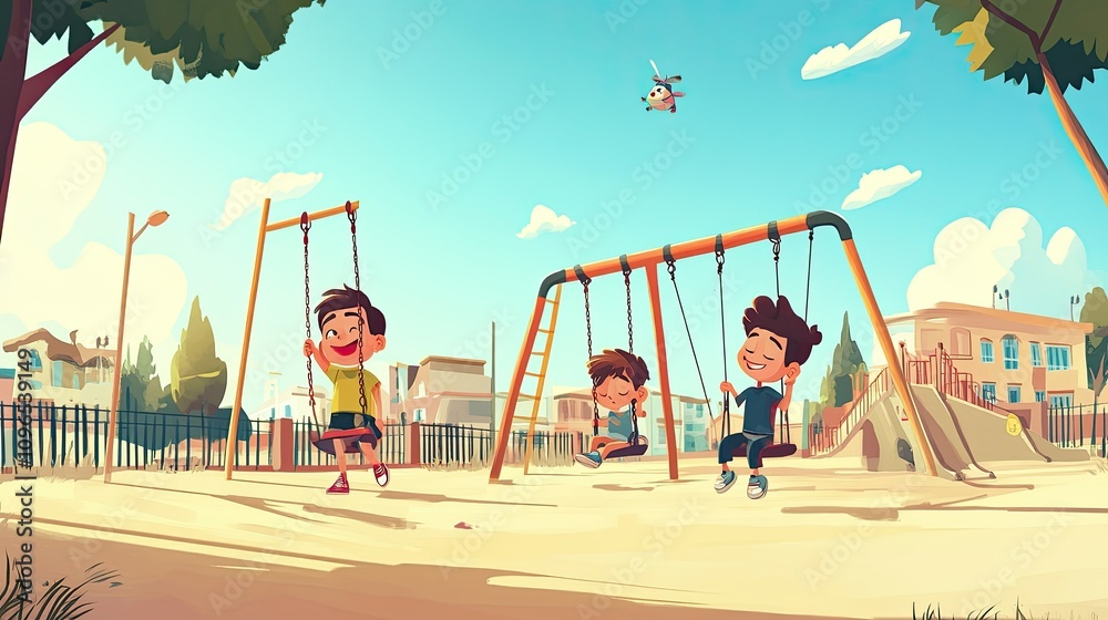 Fototapeta premium Joyful Children Playing in a Vibrant Park Setting, Enjoying Swings, Sunshine, and Laughter Amid a Colorful Neighborhood with Clear Sky and Playground Equipment