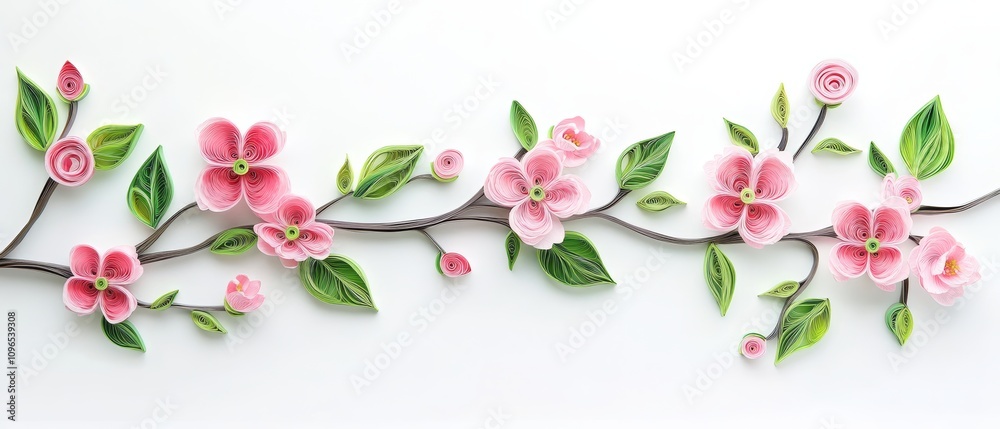 Fototapeta premium 3D paper-cut of pink cherry blossoms and green leaves with branch