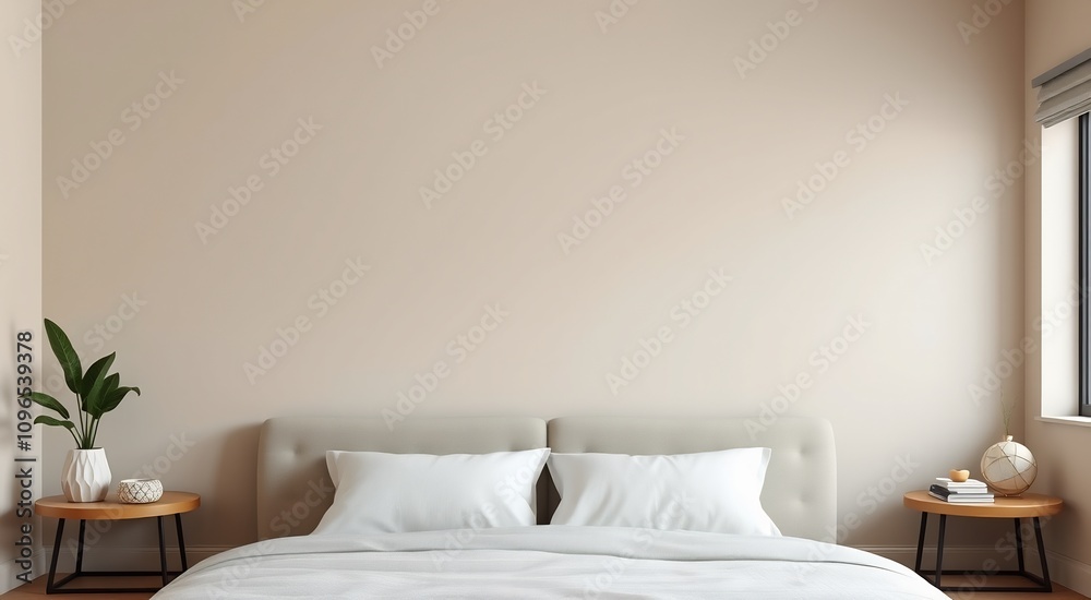 Minimalist bedroom interior with white bedding, a plant on a side table, and a globe on another table. Minimalist bedroom interior with white bedding, a plant on a side table, and a globe on another table.