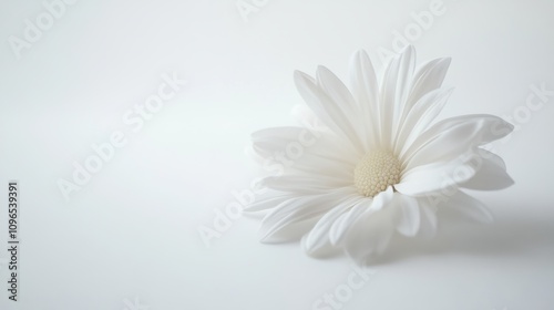 Single white daisy with a yellow center, lying on a white background