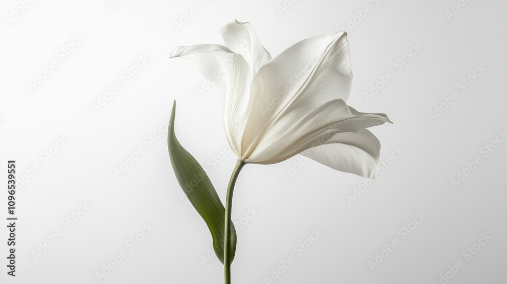 Fototapeta premium Single, elegant white tulip with a green stem and leaves, isolated against a plain white background
